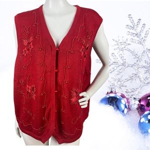 Vintage Requirements Red Knit Ugly Christmas Vest Beaded Embroider Women’s Sz 1X